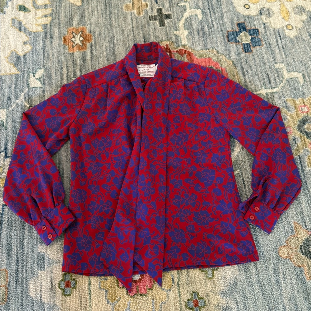Pendleton Red Blue Blouse VTG Country Sophisticates Large Bow Womens 6 Petite 6P